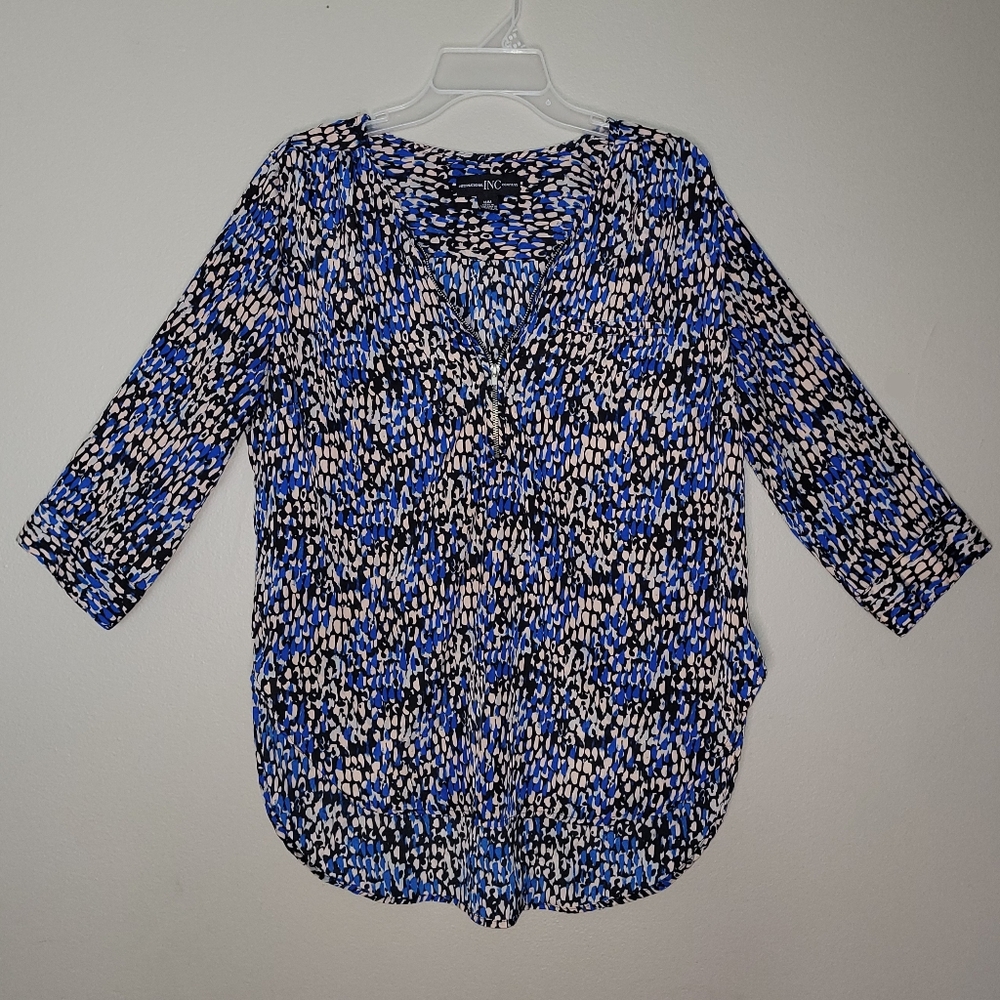M | INC | 3/4 Sleeve Pebble Print V-Neck-Zip Blouse